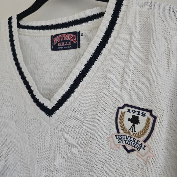 Vintage Nutmeg Universal Studio Men's V-neck Sweater SZ-M Textured Cotton Preppy - Picture 2 of 8